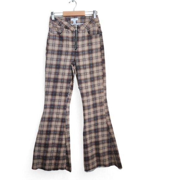 Y2K FOREVER 21 Plaid High Rise Flare Jeans 26 Stretch Raw Hem‎ Boho Hippie Pants - Picture 1 of 16